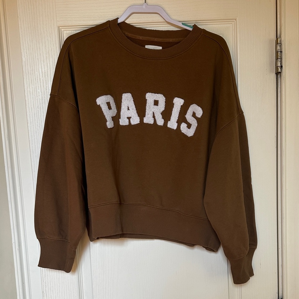 Lou & Grey Brown Crew Neck Sweater with White Text